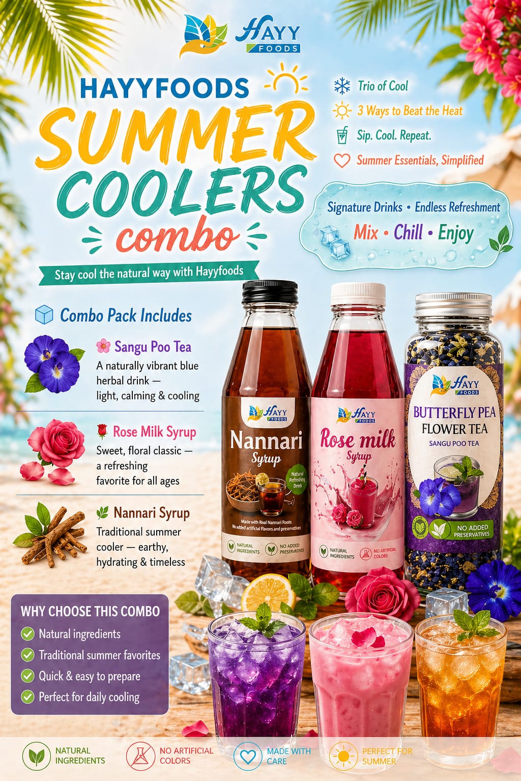 Summer Cooler Combo Pack – Sangu Poo 25g, Nannari & Rose Milk 200ml Each